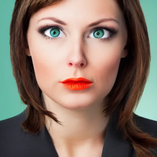 Prompt: brunette woman, flipped out hair, wearing business suit, bright green eyes