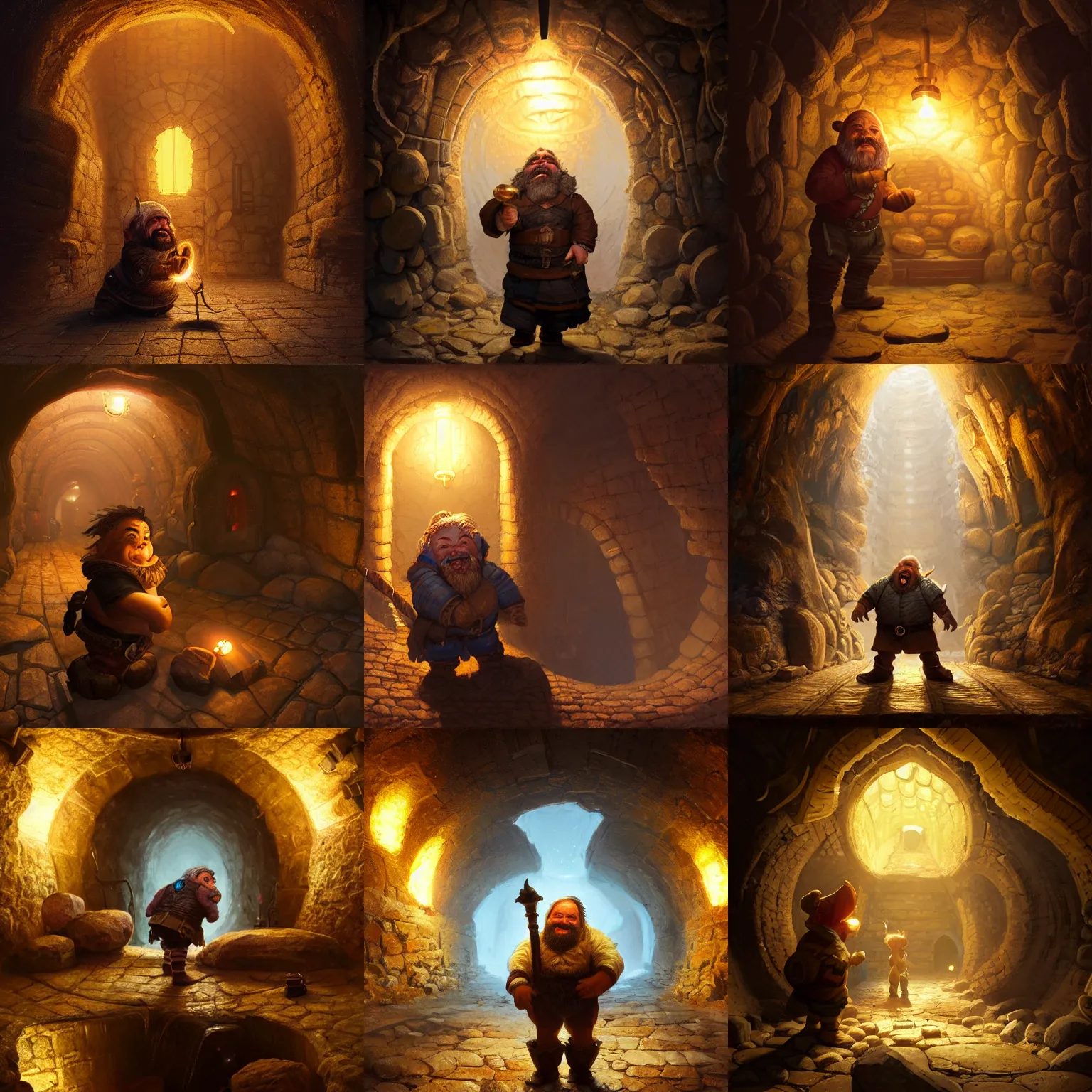 Prompt: A portrait of a happy dwarf looking at the giant gold nugget, torches on the wall, highly detailed, digital painting, very coherent symmetric artwork, concept art by Greg Rutkowski, moody lighting, light coming from tunnel entrance, intricate details, ray tracing