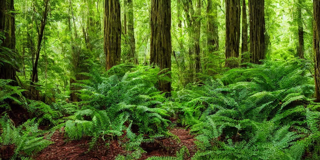 Prompt: a beautiful fern forest with a creek and redwoods and dappled light