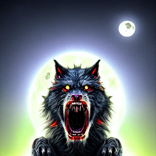 Image similar to a portrait of a scary snarling werewolf with sharp fangs and claws that is howling at the moon, highly detailed, digital photo, hdri, by christopher bretz and john carpenter, vivid colors, high contrast, 8 k resolution, intricate, photorealistic, smooth, psychedelic color scheme, concept art, award winning, cg society contest winner