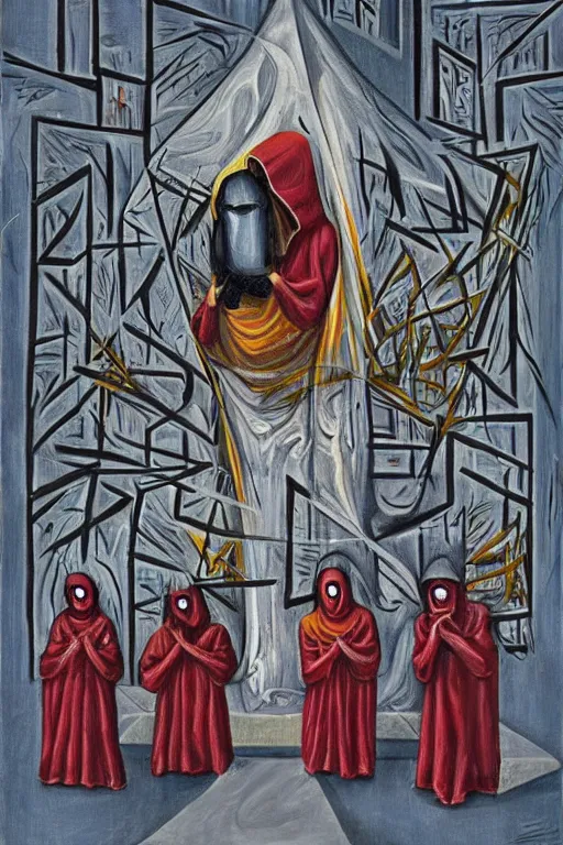 Image similar to hooded disciples in masks praying to an electric eye monument in a brutalist courtyard, lowbrow surrealism, oil on canvas