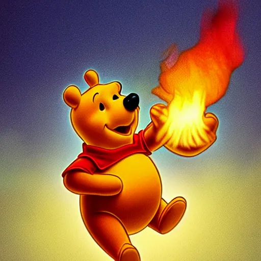 Image similar to winnie the pooh lighting a house on fire, in the style of winnie the pooh