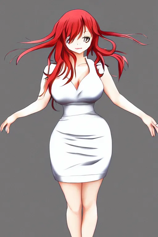 Prompt: anime drawing of a curvy chubby redhead in a white dress, unreal engine, artstation