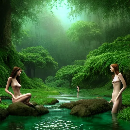 Image similar to beautiful digital fantasy illustration of A woody green field with a stream running through it, with a group of dryad women standing in the water. They seem to be preparing to submerge themselves in the cool, clear waters of the stream. cgsociety, fantasy art, highly detailed, soft lighting, rendered in octane, masterpiece, very very very aesthetic