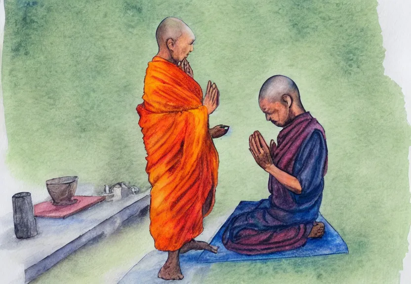 Image similar to a water color pencil painting of a buddhist monk praying in front of an incense stand