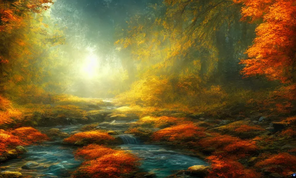 Image similar to river in a forest during the golden hour in autumn, digital art, concept art, fantasy art, highly detailed, hd wallpaper, hdr, artstation, deviantart, behance