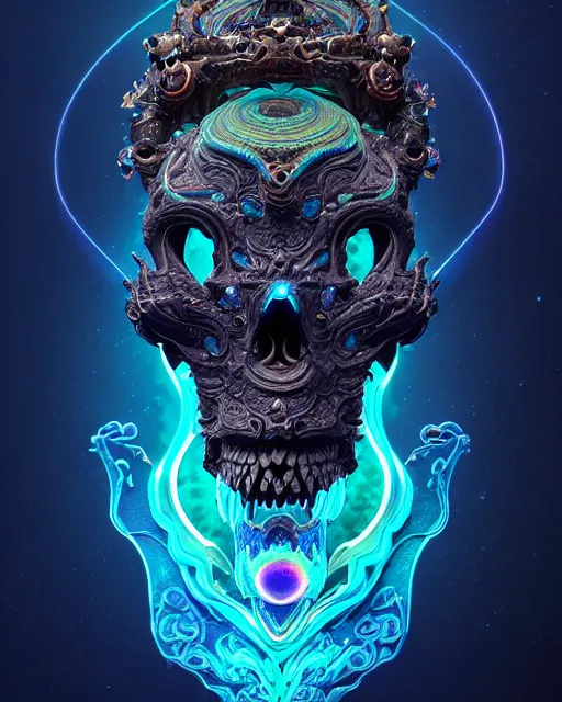 Image similar to 3 d ornate carved dark cosmic spirit with profile portrait, sigma 5 0 0 mm f / 5. beautiful intricate highly detailed quetzalcoatl skull. bioluminescent, plasma, lava, ice, water, wind, creature, thunderstorm! artwork by tooth wu and wlop and beeple and greg rutkowski, 8 k trending on artstation