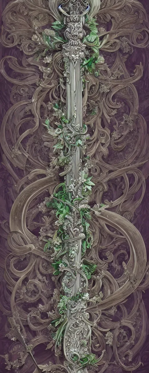 Image similar to beautiful fantasy giant sword carved with decorative ornament, acanthus scrolls, lilies, ivy, energy, geometry, bones, petals, stems, ceremonial clouds, dripping paint, fibonacci rhythm, artstation, artgerm, wlop, symmetric ornaments