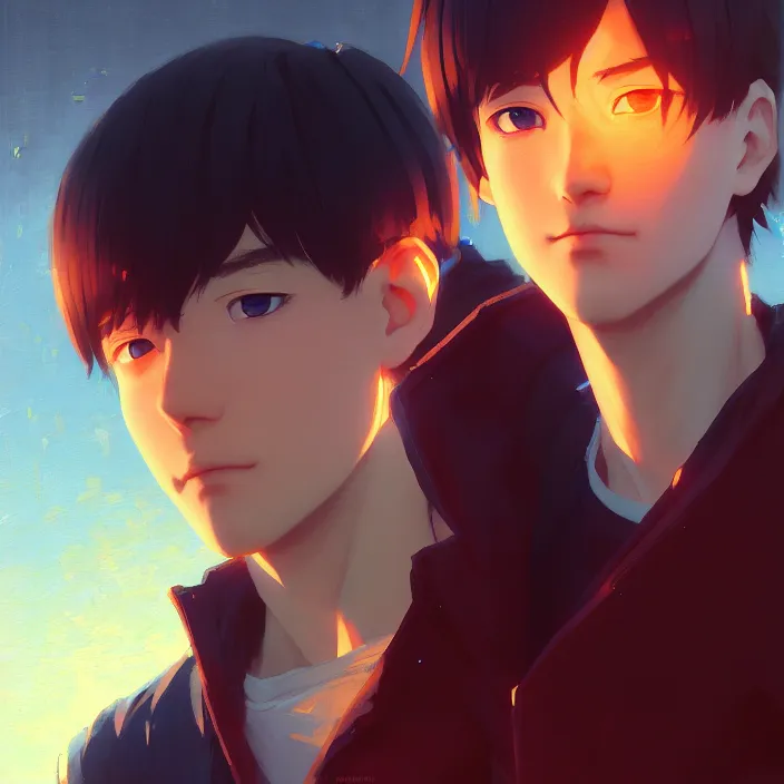 Image similar to a potrait of anime guy, fine details, night setting, realistic shaded lighting poster by ilya kuvshinov, katsuhiro, artgerm, jeremy lipkin, michael garmash, nixeu, unreal engine 5, radiant light, detailed and intricate environment