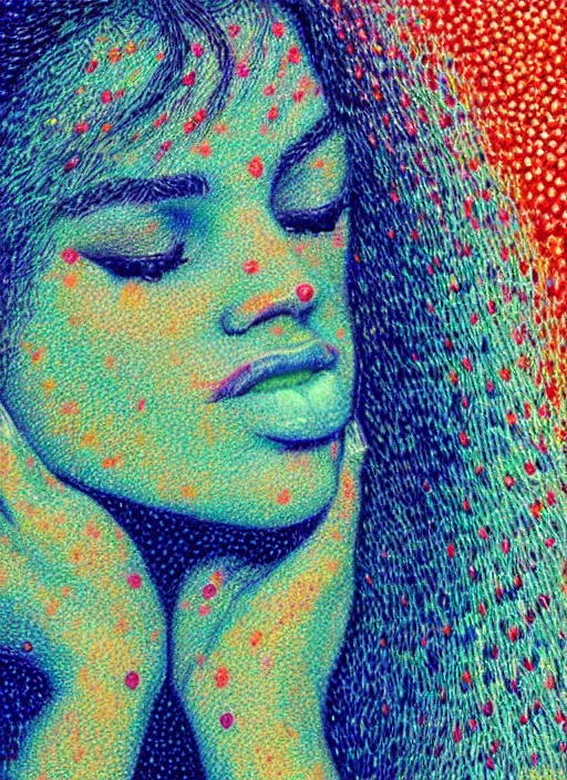 Image similar to a beautiful detailed pointillism art illustration of a girl in the face biting her lip, centered, by alberto santiago and moebius, trending on artstation, vivid colors, dim dusk lighting, cinematic lighting, detailed lighting, volumetric lighting, realistic, f 8, 4 k hd wallpaper