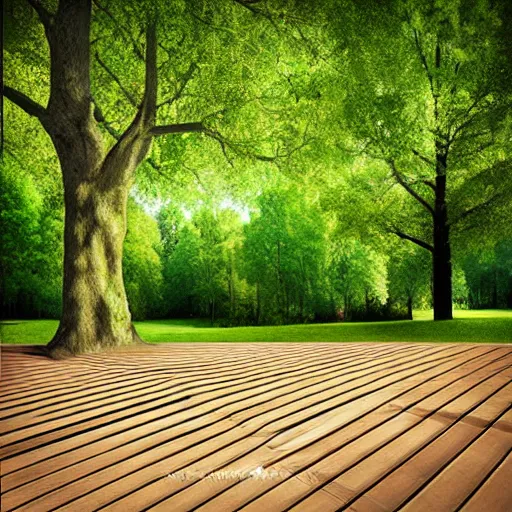 Prompt: square wooden platform built around a tree, realistic, photo,