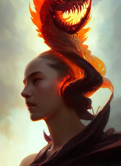 Prompt: Face portrait fire dragon, Volcano landscape, fantasy magic, dark light night, sharp focus, digital painting, concept art, d&d, art by WLOP and Artgerm and Greg Rutkowski and Alphonse Mucha