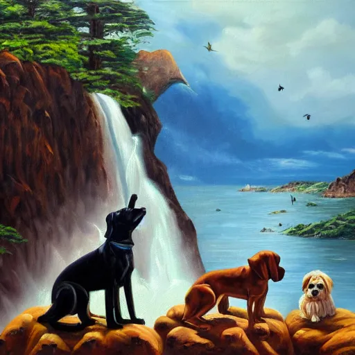 Image similar to two dogs are sitting on the a rock and looking at the bay, waterfall and fight of godzillas, oil painting, high detailed