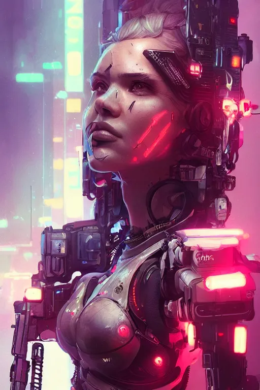 Image similar to beautiful portrait of a heavily armed cyborg mercenary girl, art by wlop and artgerm and liam wong, cyberpunk, neon, intricate details, trending on artstation, sharp focus, caustics, octane render, radiant light, 4 k