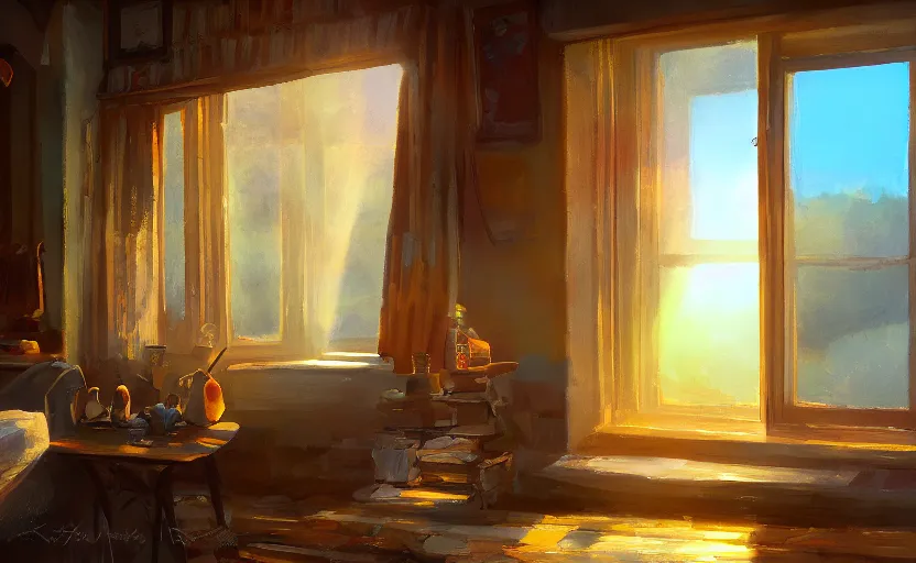 Image similar to rays of the morning sun shining through the window of the village house. very beautiful, clear sky, warm shiny colors, oil painting, high detail, trending on artstation