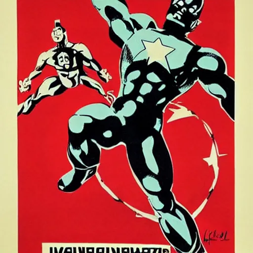 Image similar to the avengers 2012 in a 1950's URSS Communist poster of propaganda