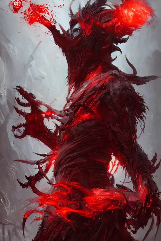 Image similar to demon with red magic in his hands, dark, intricate, highly detailed, epic, digital painting, artstation, concept art, digital illustration by Ruan Jia and Mandy Jurgens and Wayne Barlowe and Greg Rutkowski and Zdislav Bekinski