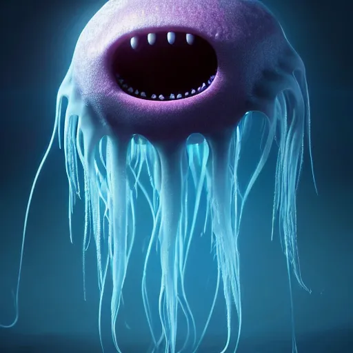 Image similar to a beautiful extreme wide uncropped full body photograph of a super cute jellyfish monster with huge sad eyes and sharp fangs in a wide open mouth, highly detailed, smooth, very very clean, 8 k, cinematic movie photograph, cinematic lighting, octane render, zbrush central contest winner, 3 d maya render