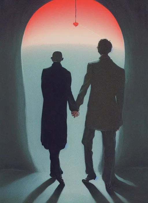 Image similar to portrait of Mads Mikkelsen and Hugh Dancy holding hands romantically as they chaperone school dance by (Zdzislaw Beksinski), Michael Whelan, Bob Larkin and Tomer Hanuka, simple illustration, domestic, nostalgic, clean, Matte painting, trending on artstation and unreal engine, New Yorker magazine cover