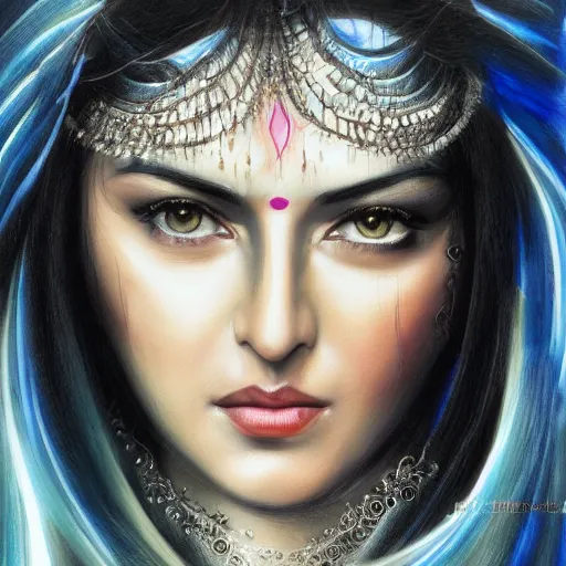 Image similar to India, magic, Beautiful face Portrait of crying young hindu Monica Bellucci, monstrous huge eyes, blue indygo thunder lightning, long wavy black hair, white veil, magic blue fire, closeup, focus face, dramatic lighting, intricate, India, wild, highly detailed, digital painting, artstation, concept art, smooth, sharp focus, illustration, art by artgerm and greg rutkowski and alphonse mucha, footage from space camera