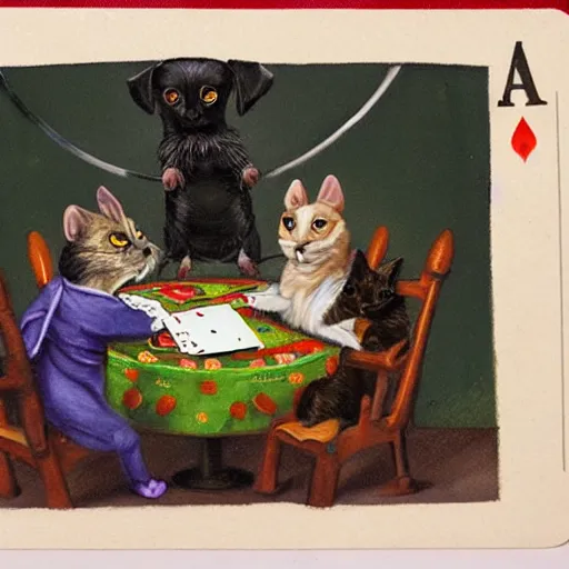 Prompt: painting of Dog, Cat, Rat playing cards sitting at a round table