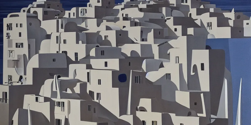 Prompt: a painting of abstract buildings like santorini by zaha hadid and yves tanguy
