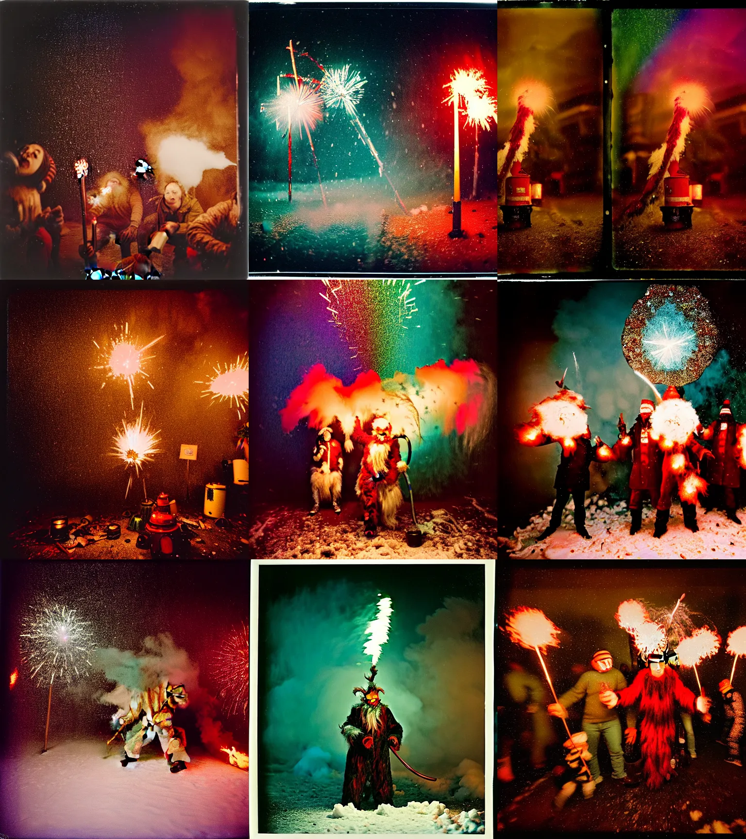 Prompt: kodak portra 4 0 0, wetplate, winter, snowflakes, rainbow coloured rockets, chaos, glitter tornados, award winning dynamic photo of a bunch of hazardous krampus between exploding fire barrels by robert capas, motion blur, in the hall of an inn at night with colourful pyro fireworks and torches, teal lights