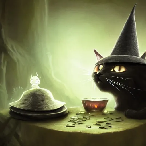 Image similar to Anthropomorphized cat witch brewing potion, evil smile, witch Hut, witch hat, dark fantasy, magic the gathering artwork, D&D, fantasy, cinematic lighting, centered, symmetrical, highly detailed, digital painting, artstation, concept art, smooth, sharp focus, illustration, volumetric lighting, epic Composition, 8k, art by Akihiko Yoshida and Greg Rutkowski and Craig Mullins, heroic pose, oil painting, cgsociety