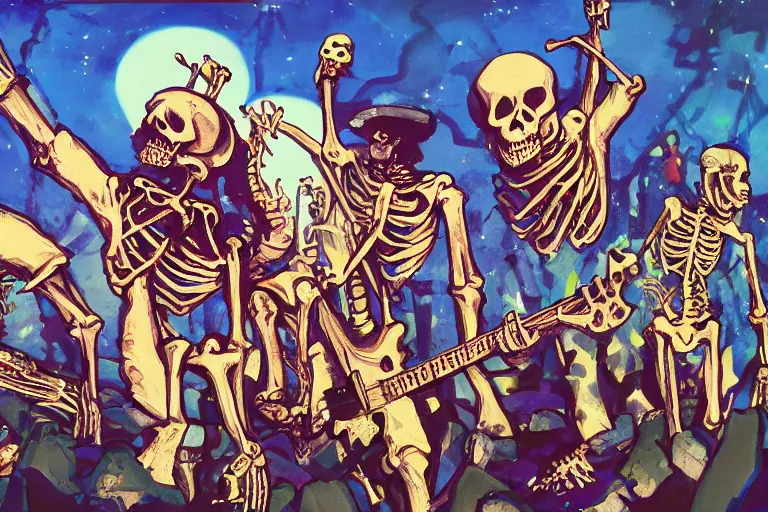 Image similar to skeleton rock band live at coachella, art by danny flynn and simon bisley, trending on artstation, halfrear, oil and canvas, very very intricate, post - modernism