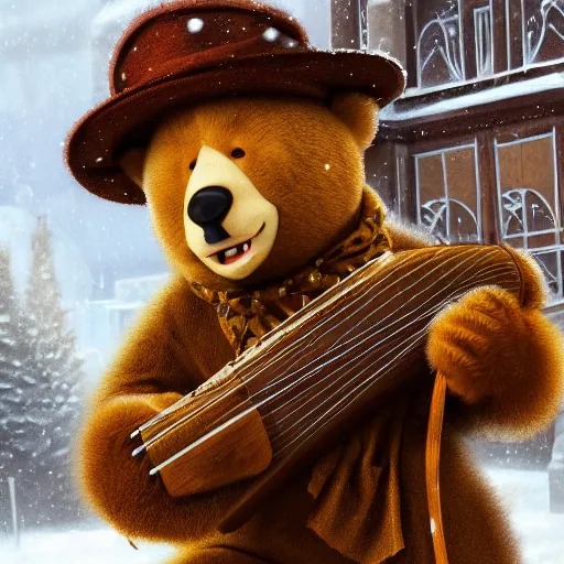 Prompt: smiling brown bear holding balalaika (chordophone, baglama, Dombra, Domra, Panduri, Topshur) in hat in winter at streets of Moscow, sharp focus, fantasy style, octane render, volumetric lighting, 8k high definition, by greg rutkowski, highly detailed, trending on art Station