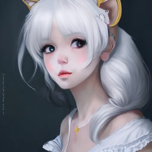 Image similar to realistic beautiful gorgeous Anna Taylor-Joy white hair cute white cat ears in maid dress outfit golden eyes artwork drawn full HD 4K highest quality in artstyle by professional artists WLOP, Taejune Kim, Guweiz, ArtGerm on Artstation Pixiv