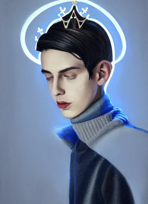 Image similar to portrait of teenage jughead jones wearing a light grey crown, crown, blue turtleneck, 1 9 5 0 s, closed eyes, photorealistic, black hair, glowing lighting, intricate, elegant, glowing lights, highly detailed, digital painting, artstation, concept art, smooth, sharp focus, illustration, art by wlop, mars ravelo and greg rutkowski