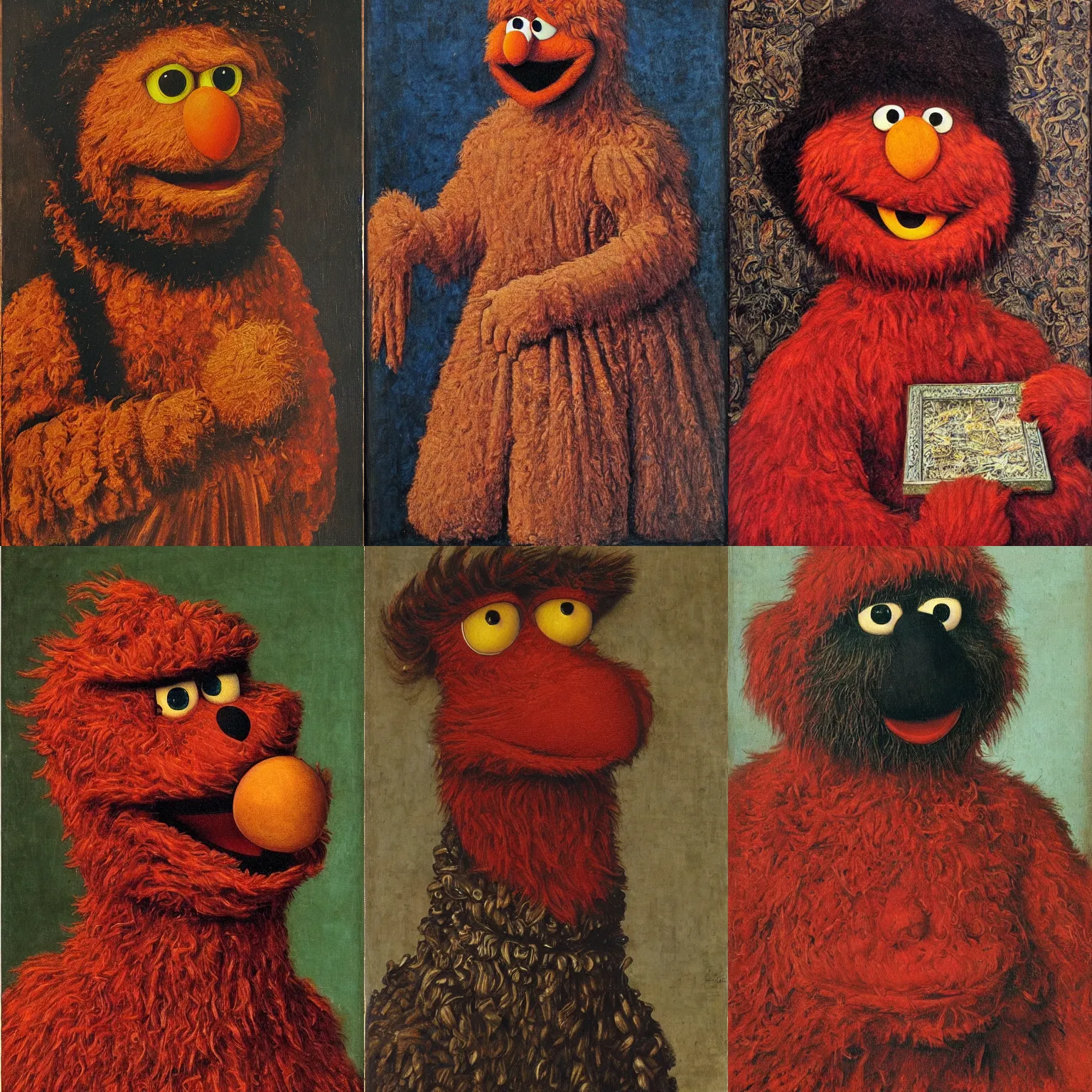 Prompt: portrait of elmo from sesame street, oil painting by jan van eyck, northern renaissance art, oil on canvas, wet - on - wet technique, realistic, expressive emotions, intricate textures, illusionistic detail