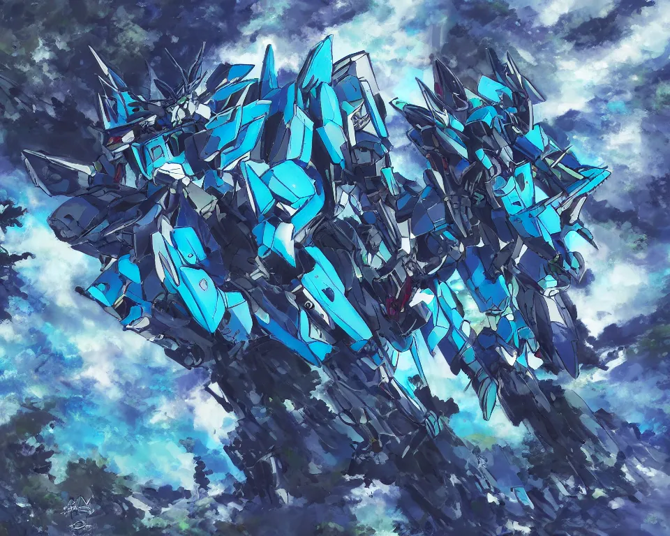 Image similar to An Azure wolf themed gundam in a forest landscape, highly detailed, mobile suit, GUNDAM, mecha, sci-fi, illustration, trending on artstation, Pixiv, Behance