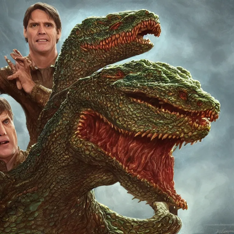 Image similar to two - headed hydra of lerna, jim carey as lloyd christmas beside jeff daniels as harry dunne ( from dumb and dumber ), serpentine water monster, d & d, fantasy, portrait, highly detailed, digital painting, trending on artstation, concept art, sharp focus, illustration, art by artgerm and greg rutkowski and magali villeneuve