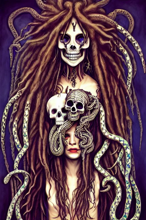 Image similar to evil angels that look like hippies with dreadlocks dancing with snakes, fantasy, face with skull mask, long hair, intricate, elegant, highly detailed, digital painting, artstation, concept art, smooth, sharp focus, illustration, art by aleister crowley and jung