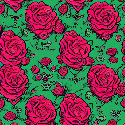 Image similar to large skulls and vivid roses seamless pattern, Jen Bartel, Dan Mumford, Satoshi Kon, gouache illustration