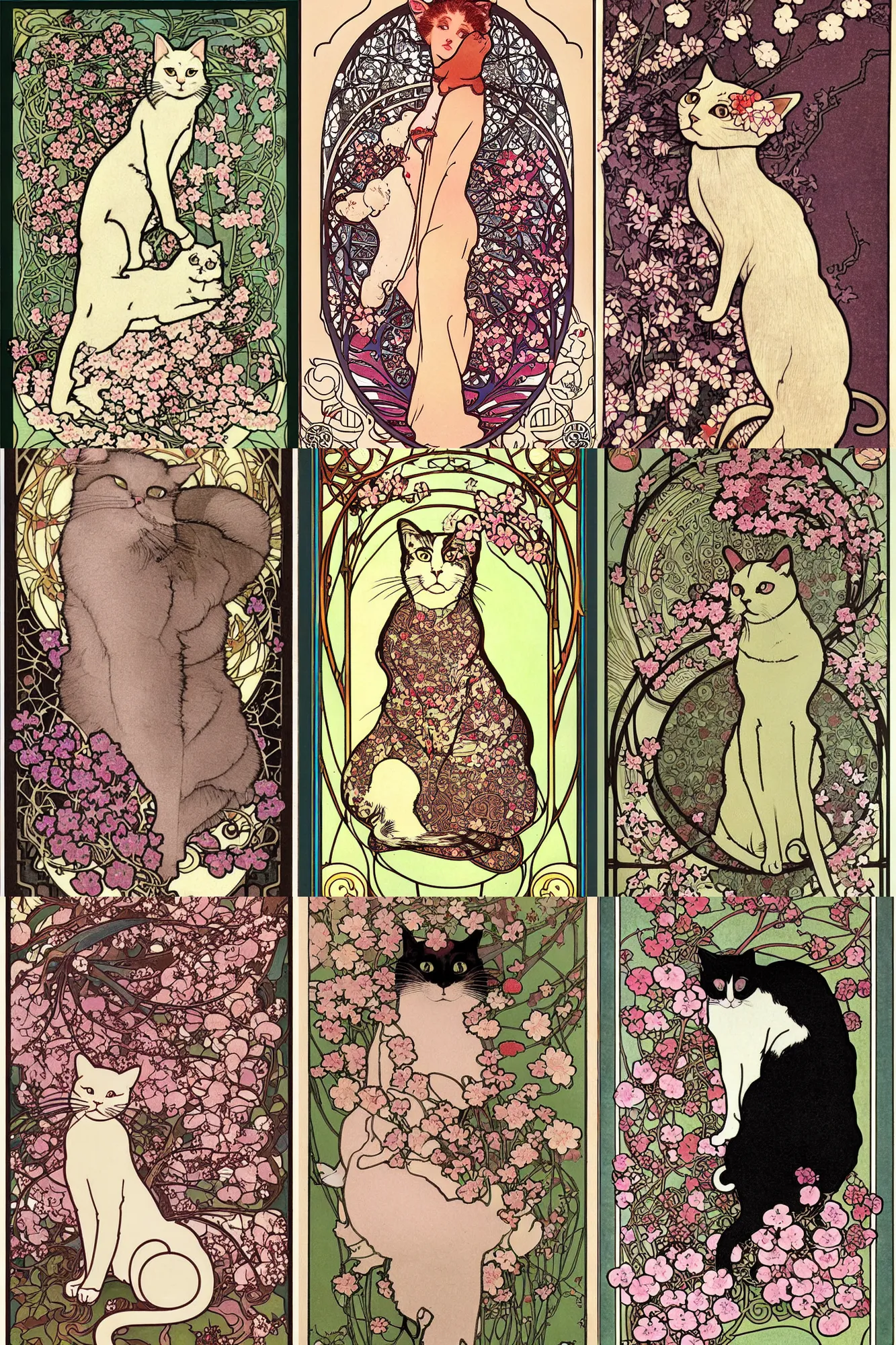 Prompt: illustration of a cat, surrounded by cherry blossom, Art Nouveau by Mucha