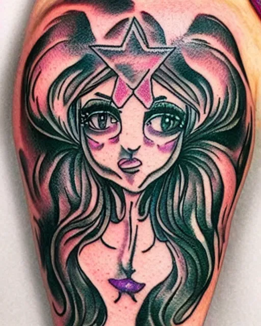 Image similar to “a beautiful tattoo design with a vaporwave theme featuring a ghostly female face, an alchemical symbol, winamp ui and tiny kawaii stars. fine line tattoo design with white background.”