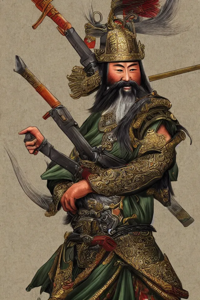 Image similar to a portrait of guan yu with a m 1 6 a 1, in the art style of han - era art, three kingdoms artsyle, artistic, highly detailed 4 k