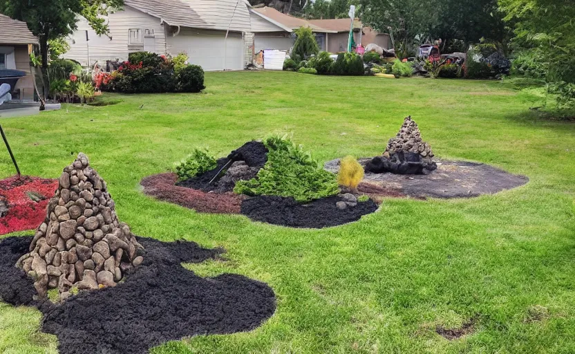 Image similar to suburban yard with miniature volcano erupting in the yard, ground level