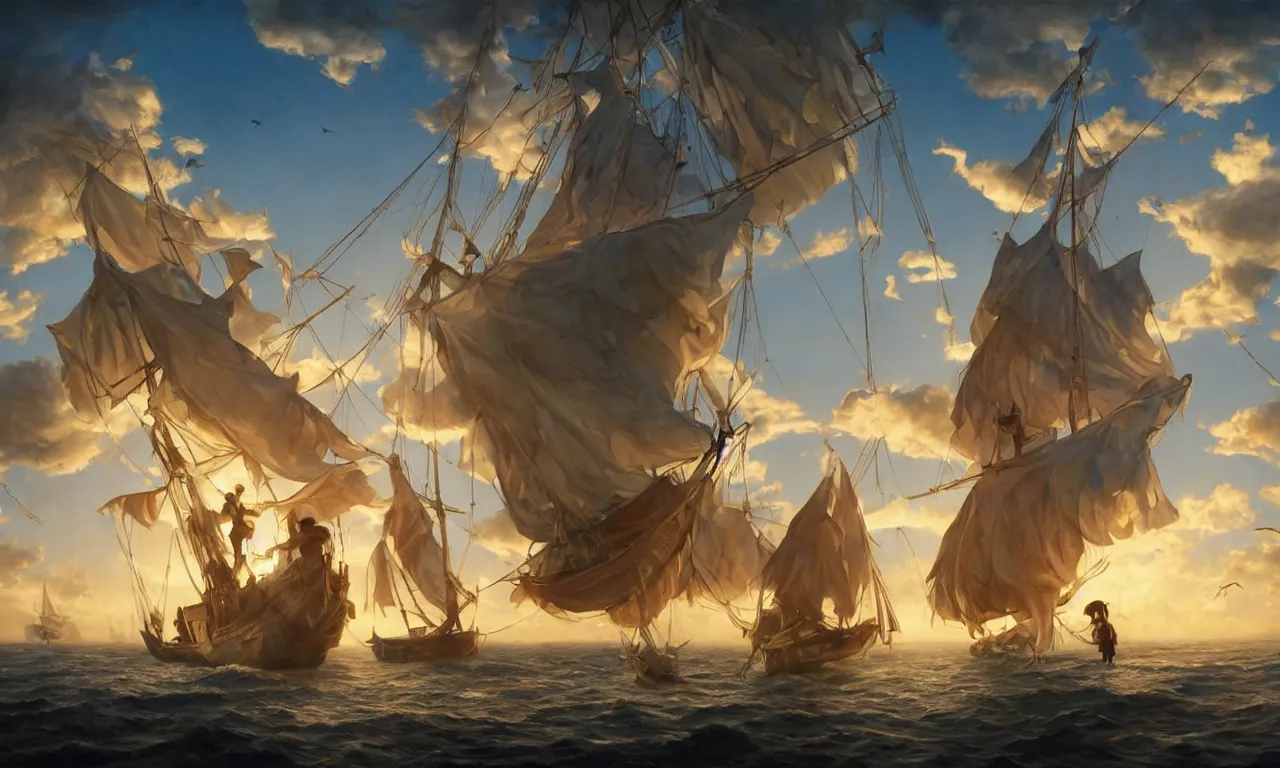 Image similar to a beautiful digital painting of peter pan and the lost boys, disney, a white caravel flying in the clouds, birds in the sunlight, numerous golden ropes and sails, blue sky at sunset, elegant, highly detailed, artstation, concept art, matte, sharp focus, art by tom bagshaw, kelogsloops and greg rutkowski