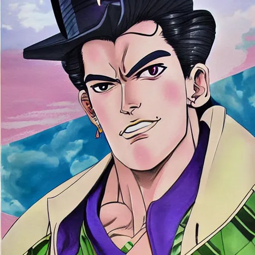 Image similar to a beautiful painting of jotaro with superpowers posing for a picture on a city street by hirohiko araki, detailed line art, jojos bizarre adventure