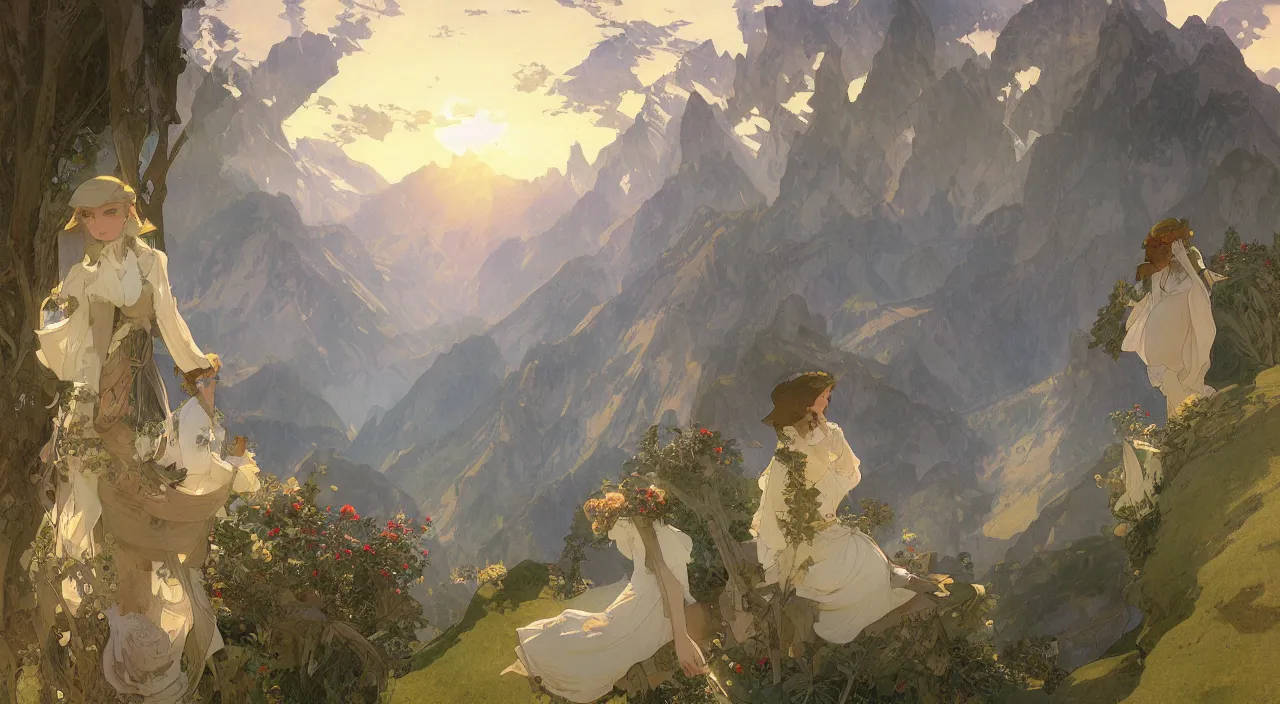 Image similar to A beautiful landscape painting of the swiss alps by Alfons Maria Mucha and Julie Dillon and Makoto Shinkai