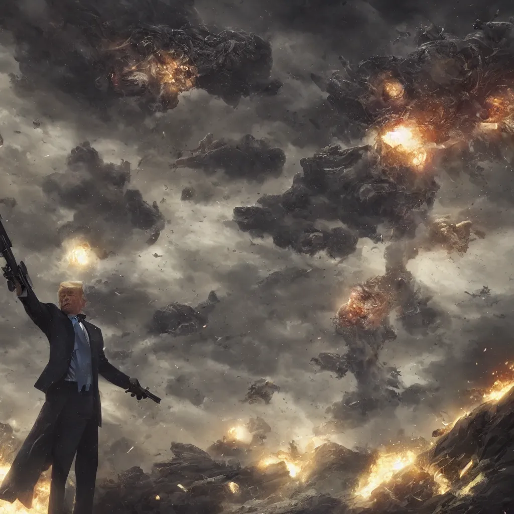 Prompt: Trump with a gun, in the universe.highly realistic, hyper detailed,cinematic,4k,by Greg Rutkowski and gustav doré