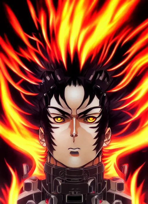 Image similar to a detailed manga full body portrait illustration of a dark haired cyborg anime man surrounded by fire by hirohiko araki, detailed artwork, realism, 4 k resolution, detailed, high quality, sharp focus, hq artwork, insane detail, volumetric lighting, character concept art, fine details, clear subject, central subject