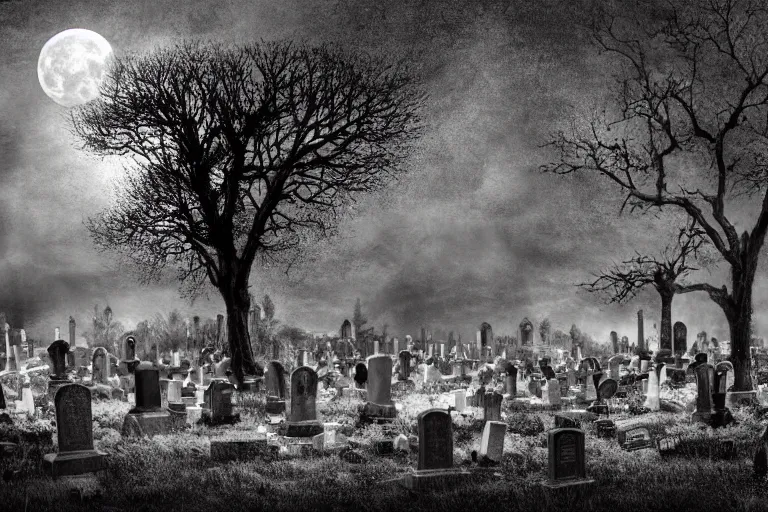 Prompt: corpses come out of their graves in a cemetery, corpses come to life, dark night, full moon, crows on the oak tree, highly detailed digital art, photorealistic