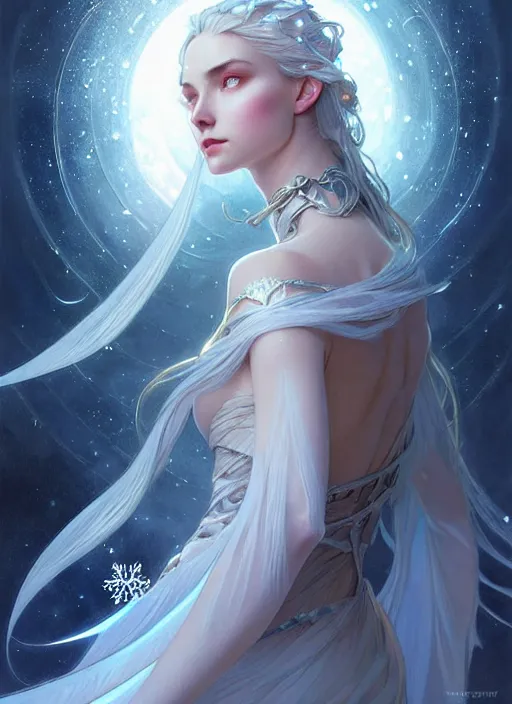 Image similar to a beautiful cinematic female winter goddess, cristal dress, ice wing, galatic shamen with quantum energy fantasy, fantasy magic, undercut hairstyle, dark light night, intricate, elegant, sharp focus, illustration, highly detailed, digital painting, concept art, matte, art by wlop and artgerm and greg rutkowski and alphonse mucha, masterpiece