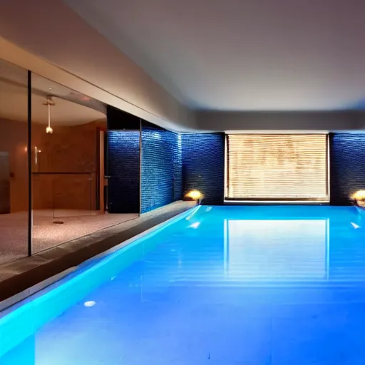 Image similar to a tiled, curvaceous pool room with cool blue lighting and dark shadows