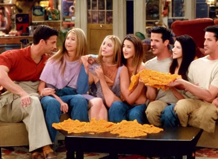 Prompt: the episode of Friends where everyone gets covered with nacho cheese hd